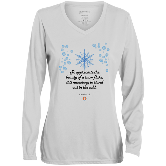 Ladies' Moisture-Wicking LS V-Neck T-Shirt with inspiring Aristotle quote: A130 - Appreciation requires interaction - Color: White