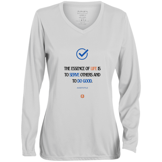 Ladies' Moisture-Wicking LS V-Neck T-Shirt with inspiring Aristotle quote: A132 - Life is about serving others - Color: White