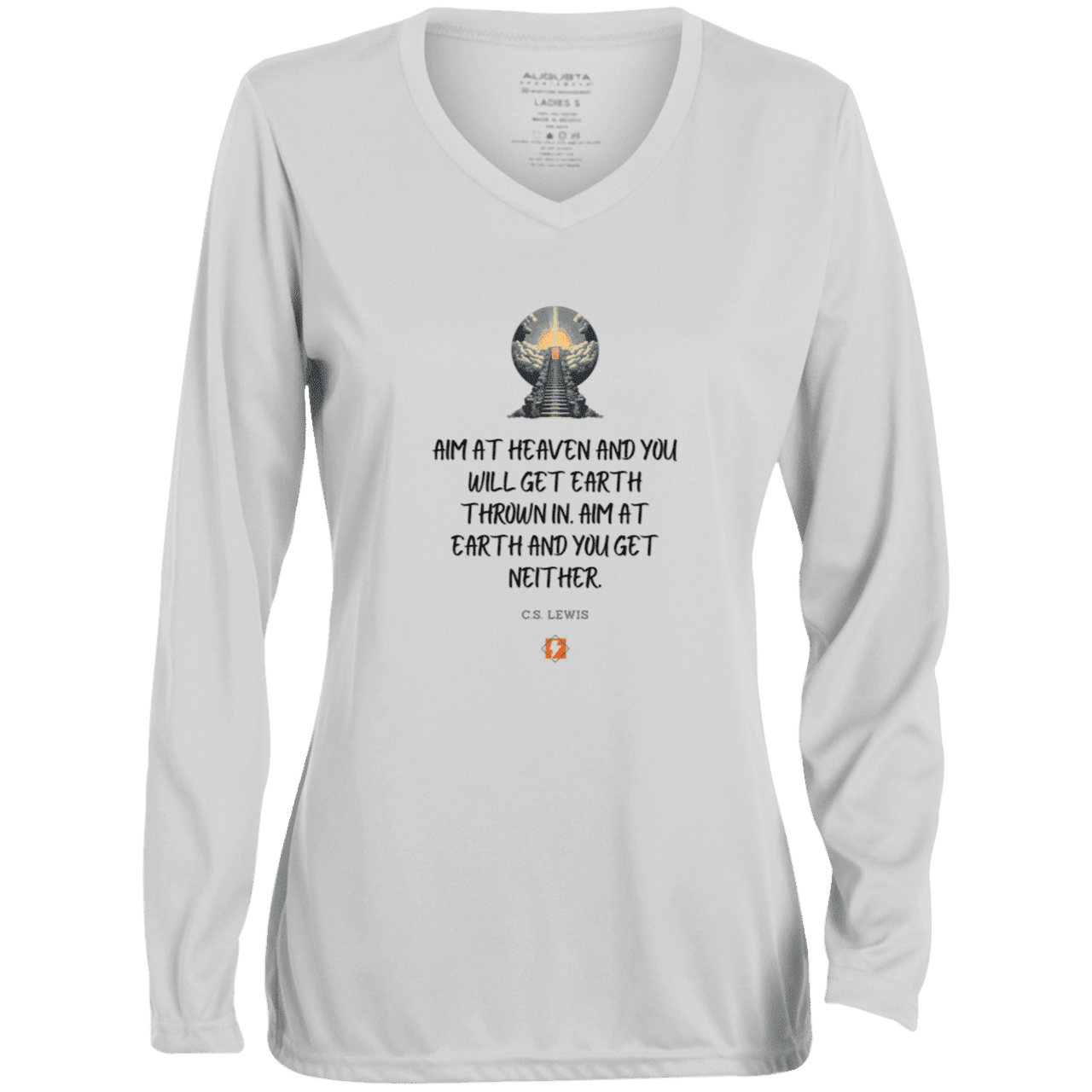 Ladies' Moisture-Wicking LS V-Neck T-Shirt with inspiring CS Lewis quote: CS101 - Aim for heaven - Color: White