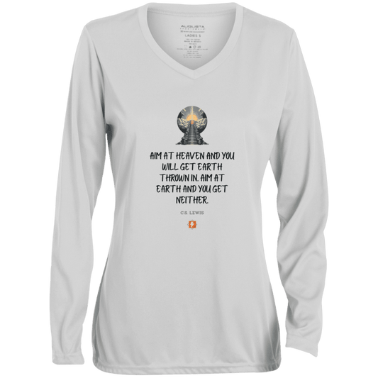 Ladies' Moisture-Wicking LS V-Neck T-Shirt with inspiring CS Lewis quote: CS101 - Aim for heaven - Color: White