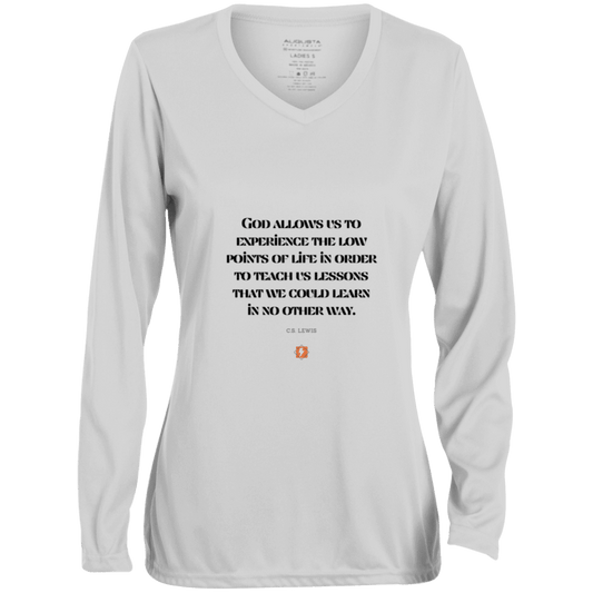 Ladies' Moisture-Wicking LS V-Neck T-Shirt with inspiring CS Lewis quote: CS105 - Lowpoints are lessons - Color: White