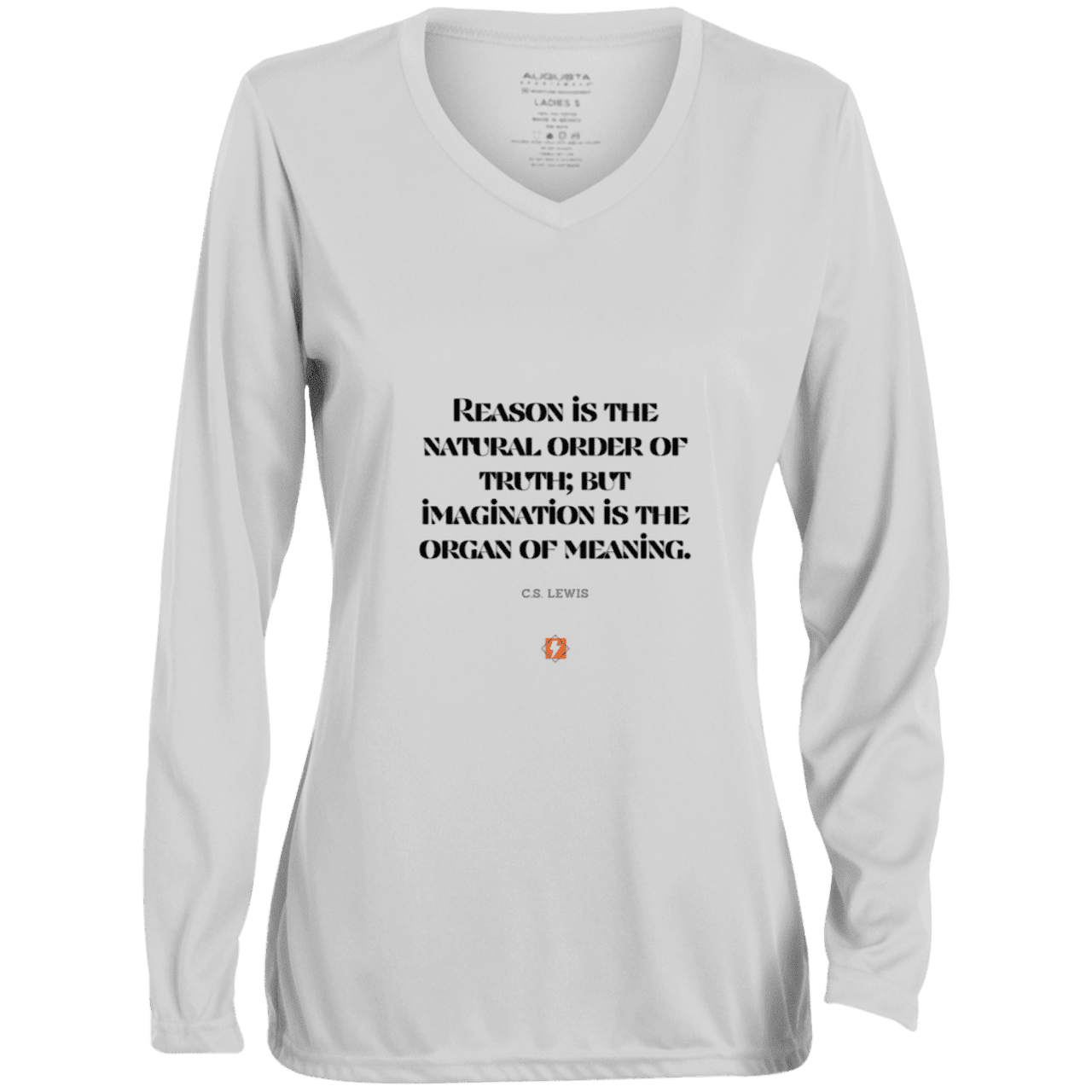 Ladies' Moisture-Wicking LS V-Neck T-Shirt with inspiring CS Lewis quote: CS113 - Truth and meaning require reason and imagination - Color: White