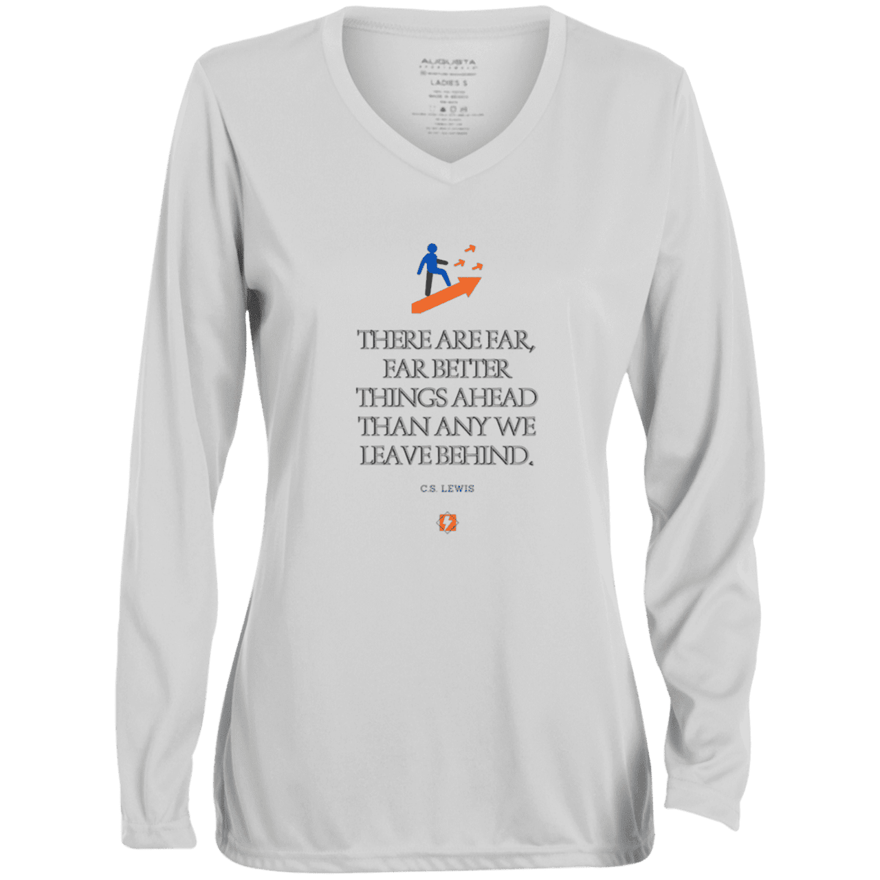 Ladies' Moisture-Wicking LS V-Neck T-Shirt with inspiring CS Lewis quote: CS115 - Better things ahead than behind - Color: White