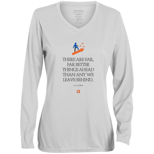 Ladies' Moisture-Wicking LS V-Neck T-Shirt with inspiring CS Lewis quote: CS115 - Better things ahead than behind - Color: White