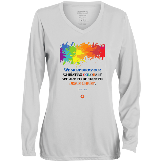 Ladies' Moisture-Wicking LS V-Neck T-Shirt with inspiring CS Lewis quote: CS117 - Show your Christian colors to be true - Color: White