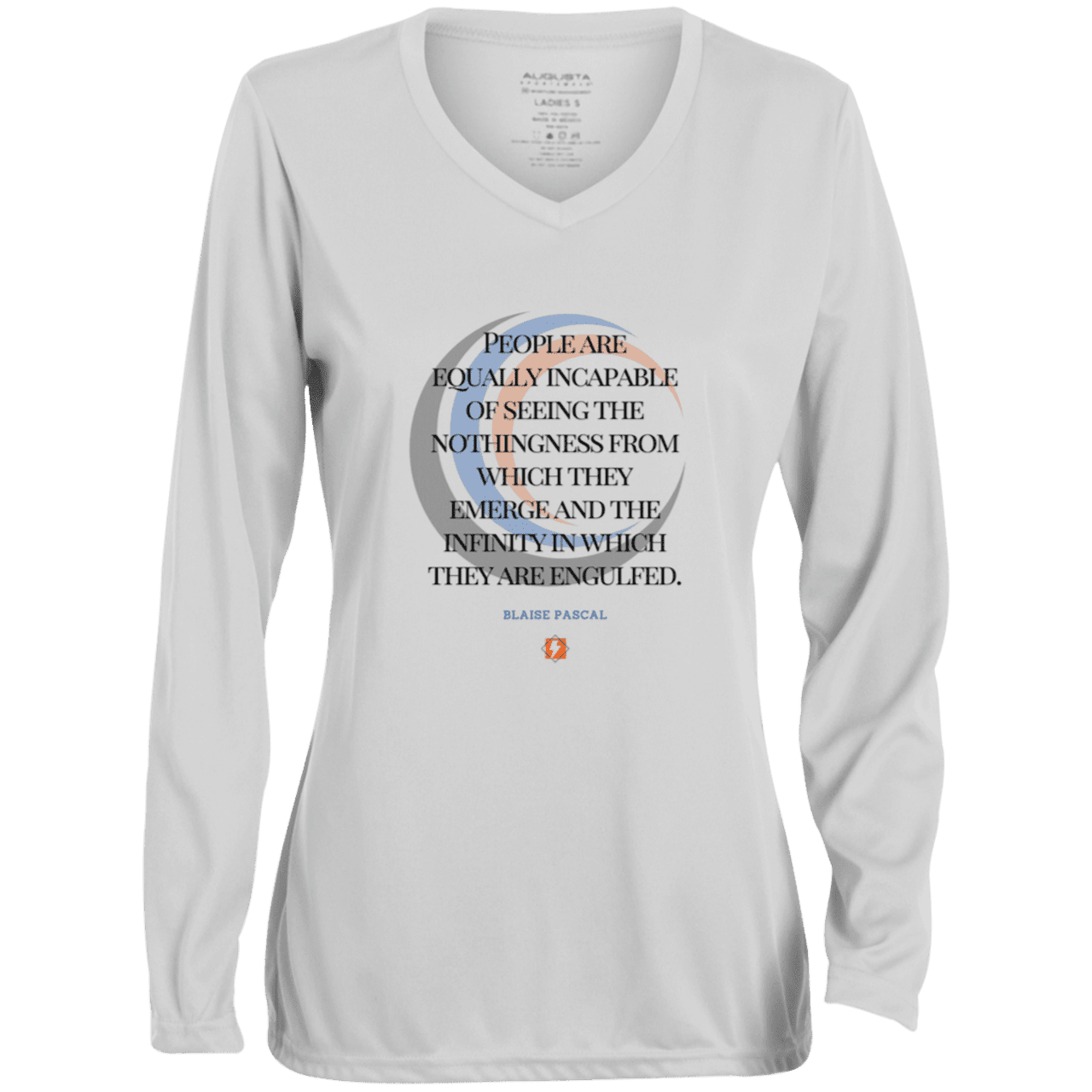 Ladies' Moisture-Wicking LS V-Neck T-Shirt with inspiring Pascal quote: BP107 - One cannot square up nothingness and infinity - Color: White