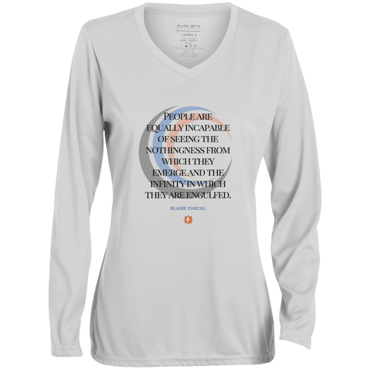 Ladies' Moisture-Wicking LS V-Neck T-Shirt with inspiring Pascal quote: BP107 - One cannot square up nothingness and infinity - Color: White