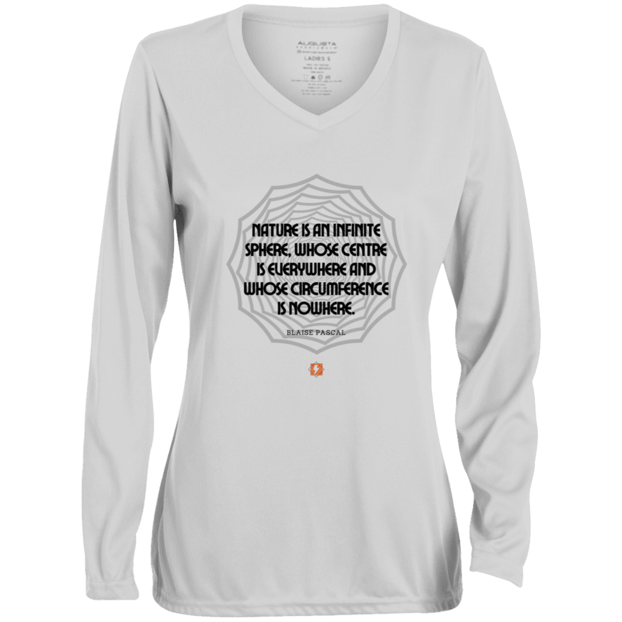 Ladies' Moisture-Wicking LS V-Neck T-Shirt with inspiring Pascal quote: BP108 - Nature is unfathomable - Color: White