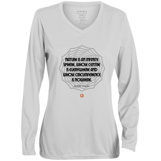 Ladies' Moisture-Wicking LS V-Neck T-Shirt with inspiring Pascal quote: BP108 - Nature is unfathomable - Color: White