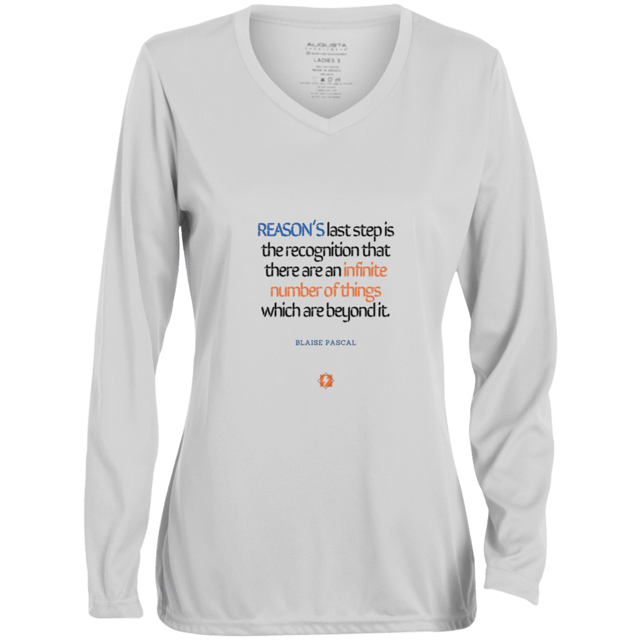 Ladies' Moisture-Wicking LS V-Neck T-Shirt with inspiring Pascal quote: BP110 - Reason is limited - Color: White