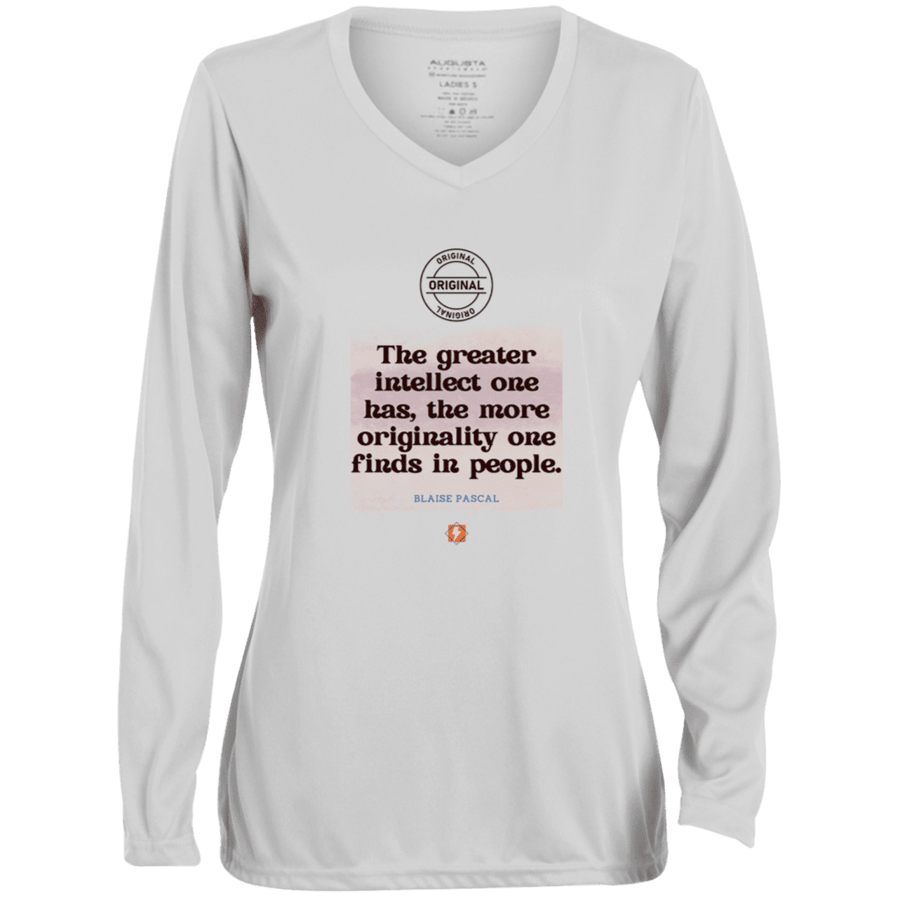 Ladies' Moisture-Wicking LS V-Neck T-Shirt with inspiring Pascal quote: BP111 - Intelligence is in perceiving originality - Color: White