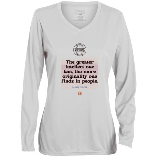 Ladies' Moisture-Wicking LS V-Neck T-Shirt with inspiring Pascal quote: BP111 - Intelligence is in perceiving originality - Color: White