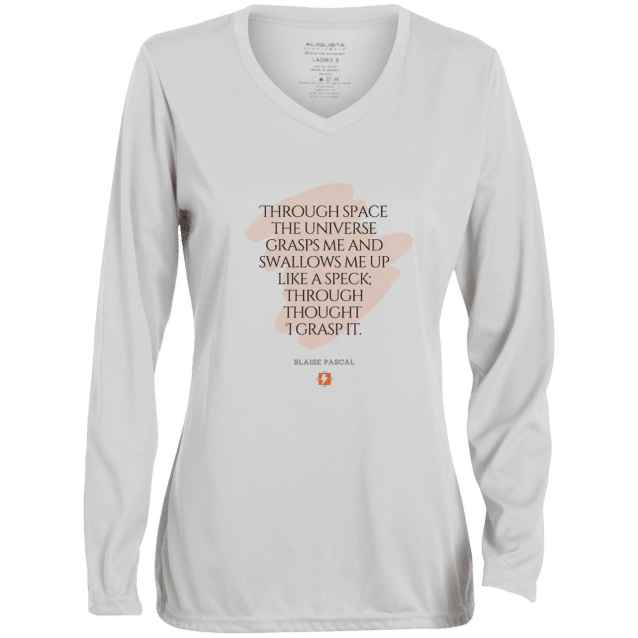 Ladies' Moisture-Wicking LS V-Neck T-Shirt with inspiring Pascal quote: BP113 - Thought transcends space matter and time - Color: White