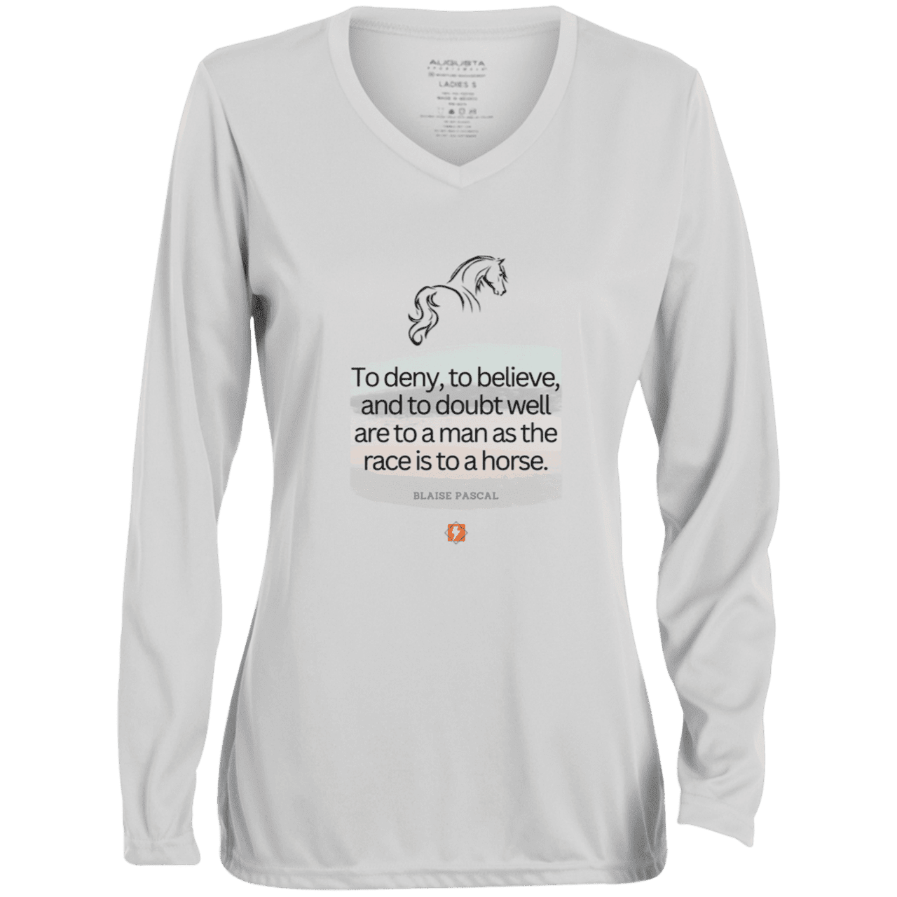 Ladies' Moisture-Wicking LS V-Neck T-Shirt with inspiring Pascal quote: BP114 - People's minds are like horses - Color: White