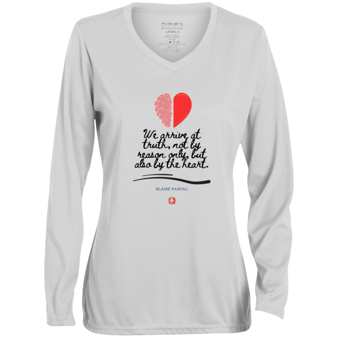 Ladies' Moisture-Wicking LS V-Neck T-Shirt with inspiring Pascal quote: BP116 - Truth requires both the head and the heart - Color: White