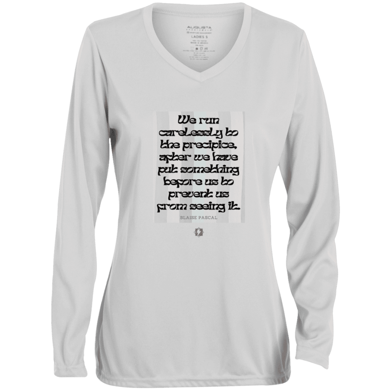 Ladies' Moisture-Wicking LS V-Neck T-Shirt with inspiring Pascal quote: BP117 - Making assumptions carry risks - Color: White