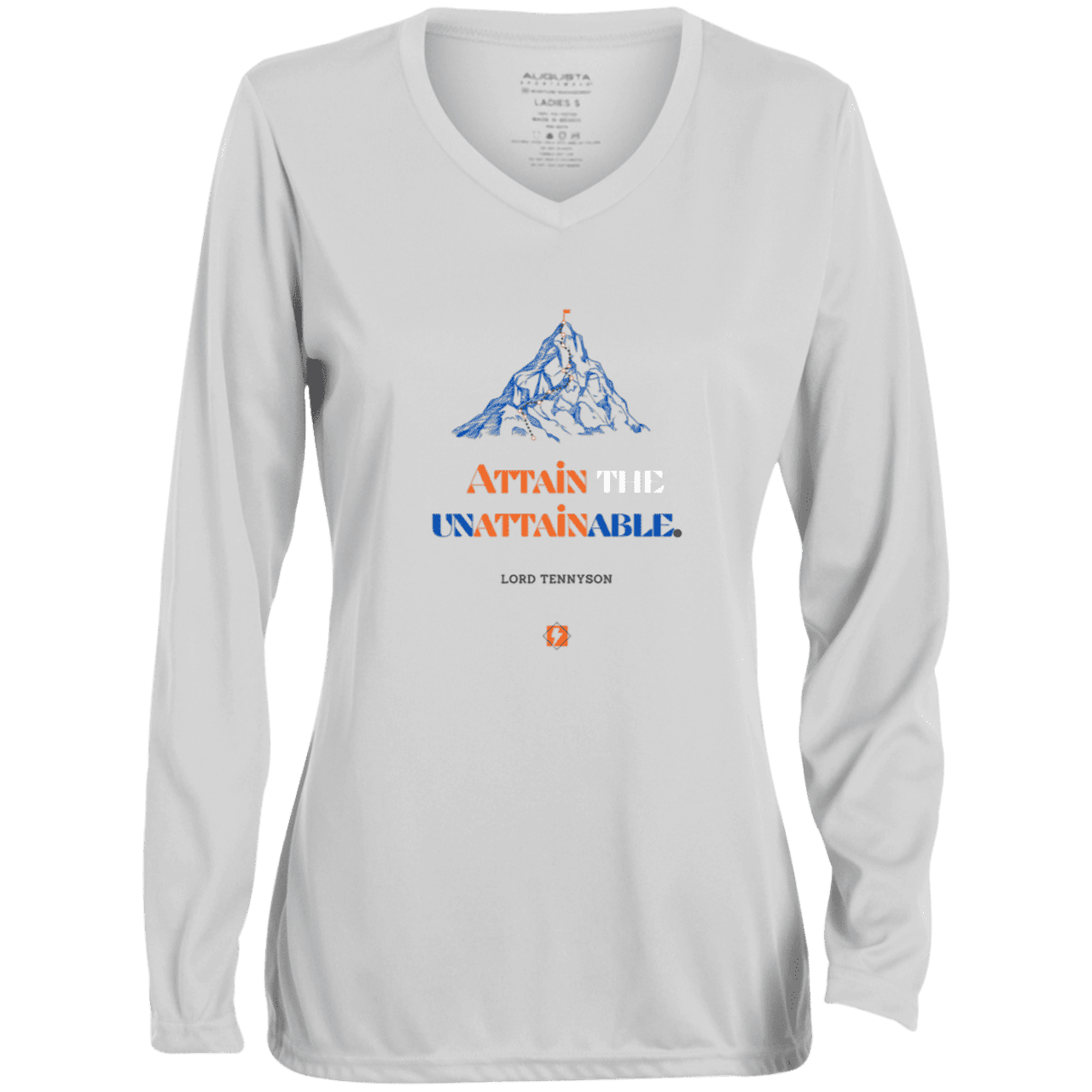 Ladies' Moisture-Wicking LS V-Neck T-Shirt with inspiring Tennyson quote: LT101 - Nothing unattainable as such - Color: White