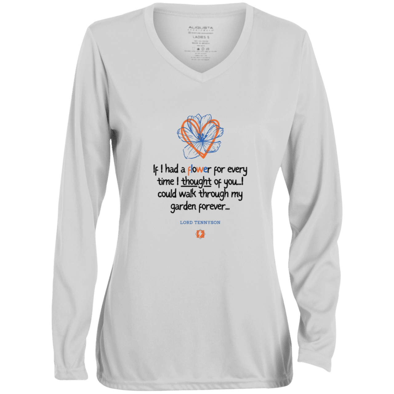 Ladies' Moisture-Wicking LS V-Neck T-Shirt with inspiring Tennyson quote: LT104 - Thinking of you - Color: White