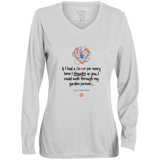 Ladies' Moisture-Wicking LS V-Neck T-Shirt with inspiring Tennyson quote: LT104 - Thinking of you - Color: White