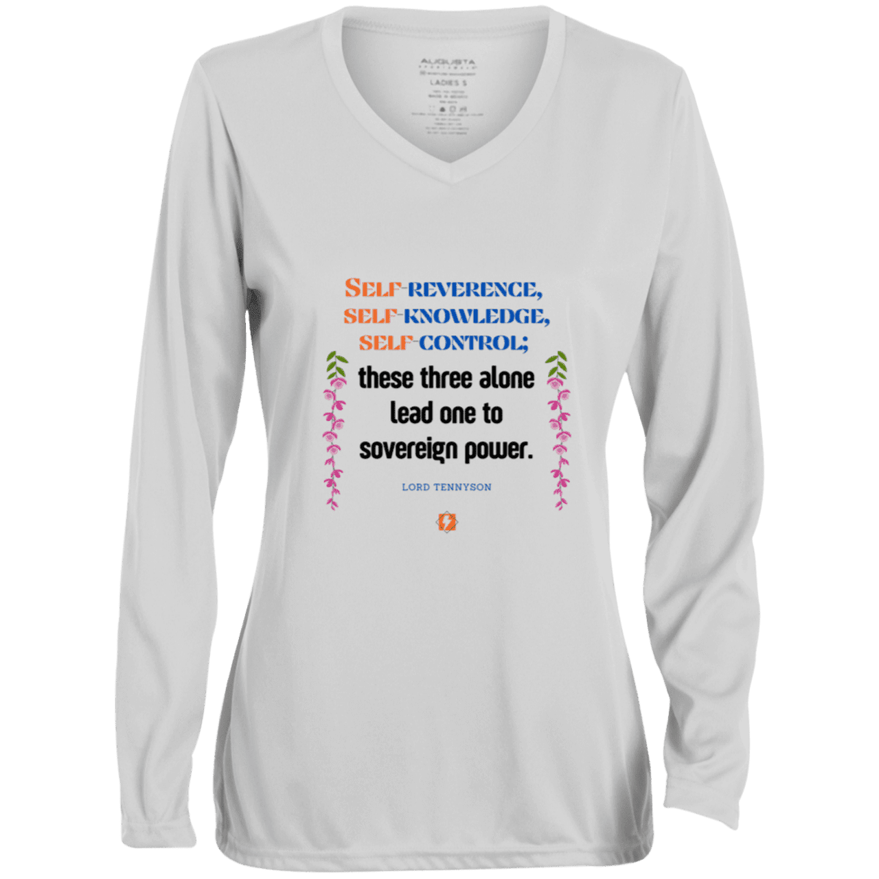 Ladies' Moisture-Wicking LS V-Neck T-Shirt with inspiring Tennyson quote: LT113 - Self knowledge leads to power - Color: White