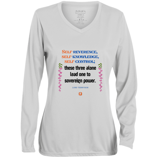 Ladies' Moisture-Wicking LS V-Neck T-Shirt with inspiring Tennyson quote: LT113 - Self knowledge leads to power - Color: White