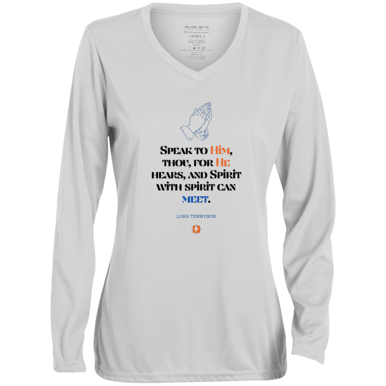 Ladies' Moisture-Wicking LS V-Neck T-Shirt with inspiring Tennyson quote: LT114 - In prayer, God's spirit meetwith inspiring your spirit - Color: White