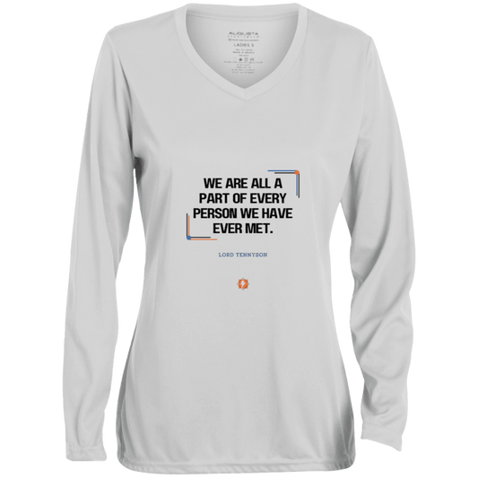 Ladies' Moisture-Wicking LS V-Neck T-Shirt with inspiring Tennyson quote: LT118 - People theory - have you got a piece of me - Color: White