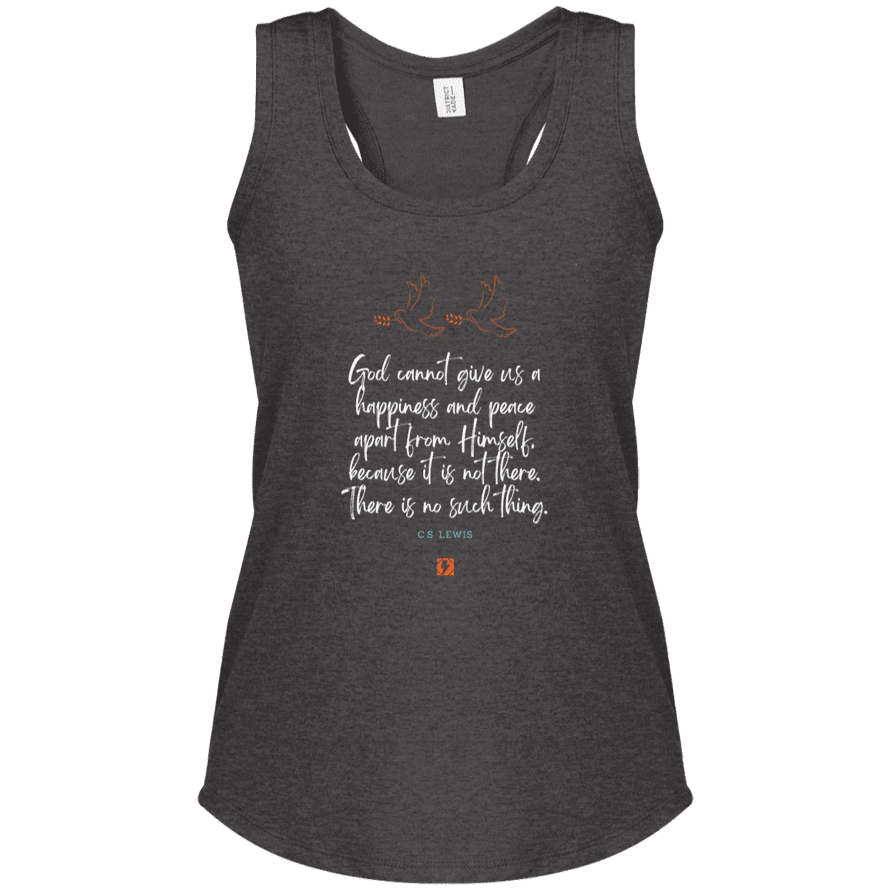 Ladies' Perfect Tri Racerback Tank with inspiring CS Lewis quote: CS106 - No peace apart from God - Color: Heathered Charcoal