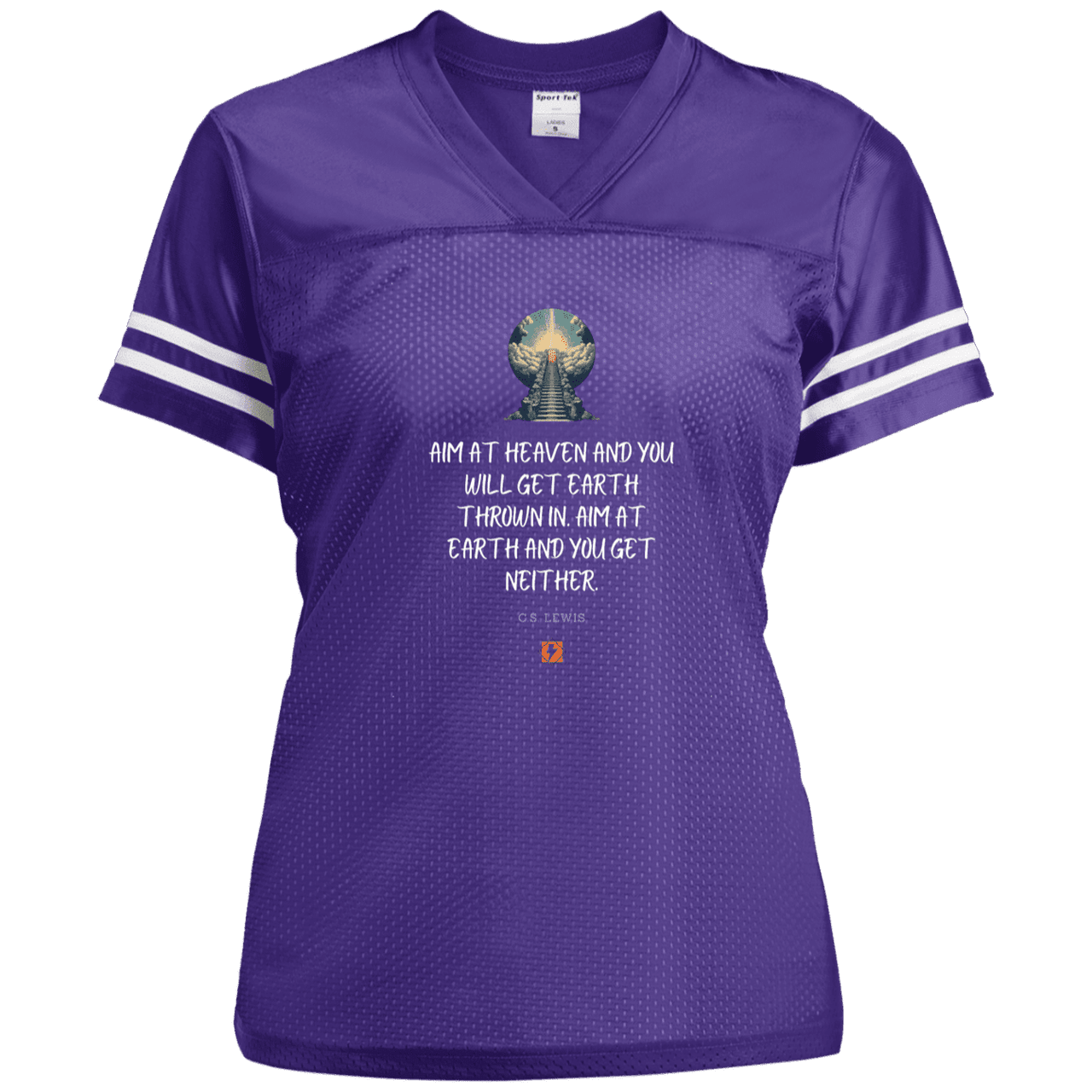 Ladies' Replica Jersey with inspiring CS Lewis quote: CS101 - Aim for heaven - Color: Purple/White