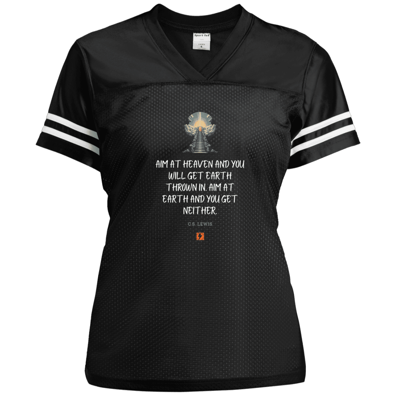 Ladies' Replica Jersey with inspiring CS Lewis quote: CS101 - Aim for heaven - Color: Black/White