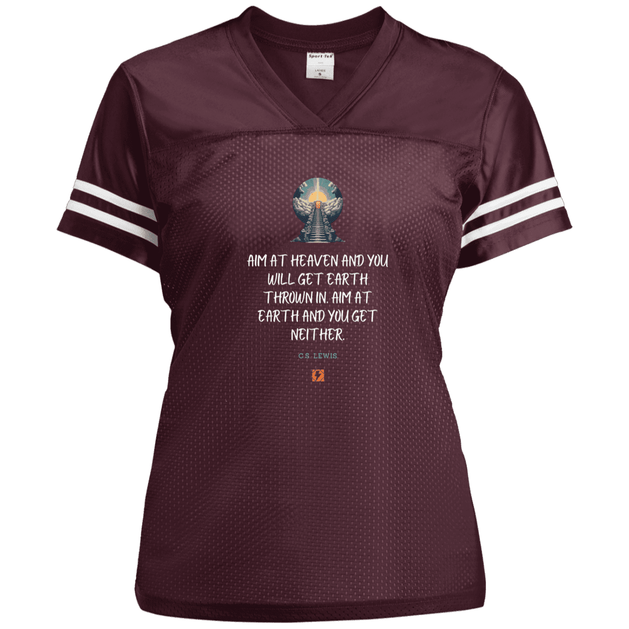 Ladies' Replica Jersey with inspiring CS Lewis quote: CS101 - Aim for heaven - Color: Maroon/White