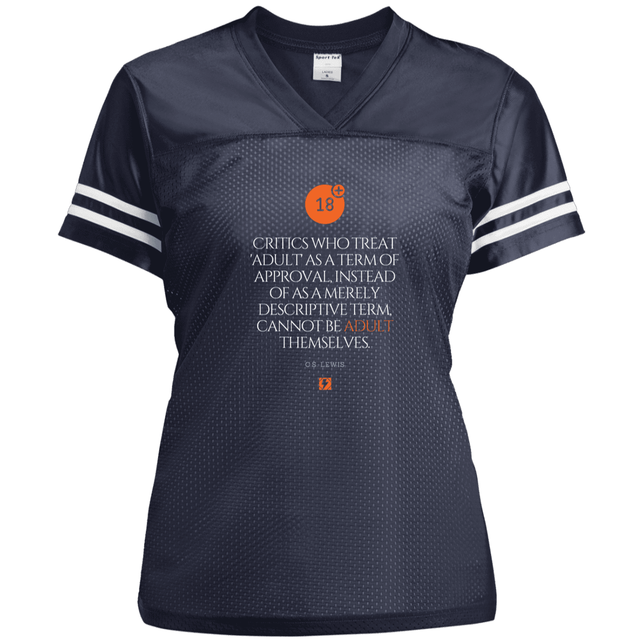 Ladies' Replica Jersey with inspiring CS Lewis quote: CS103 - Who are the Adults - Color: True Navy/White