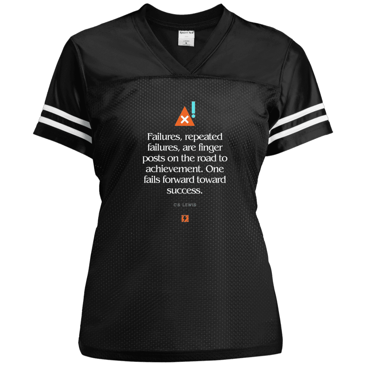 Ladies' Replica Jersey with inspiring CS Lewis quote: CS104 - Failures to Success - Color: Black/White