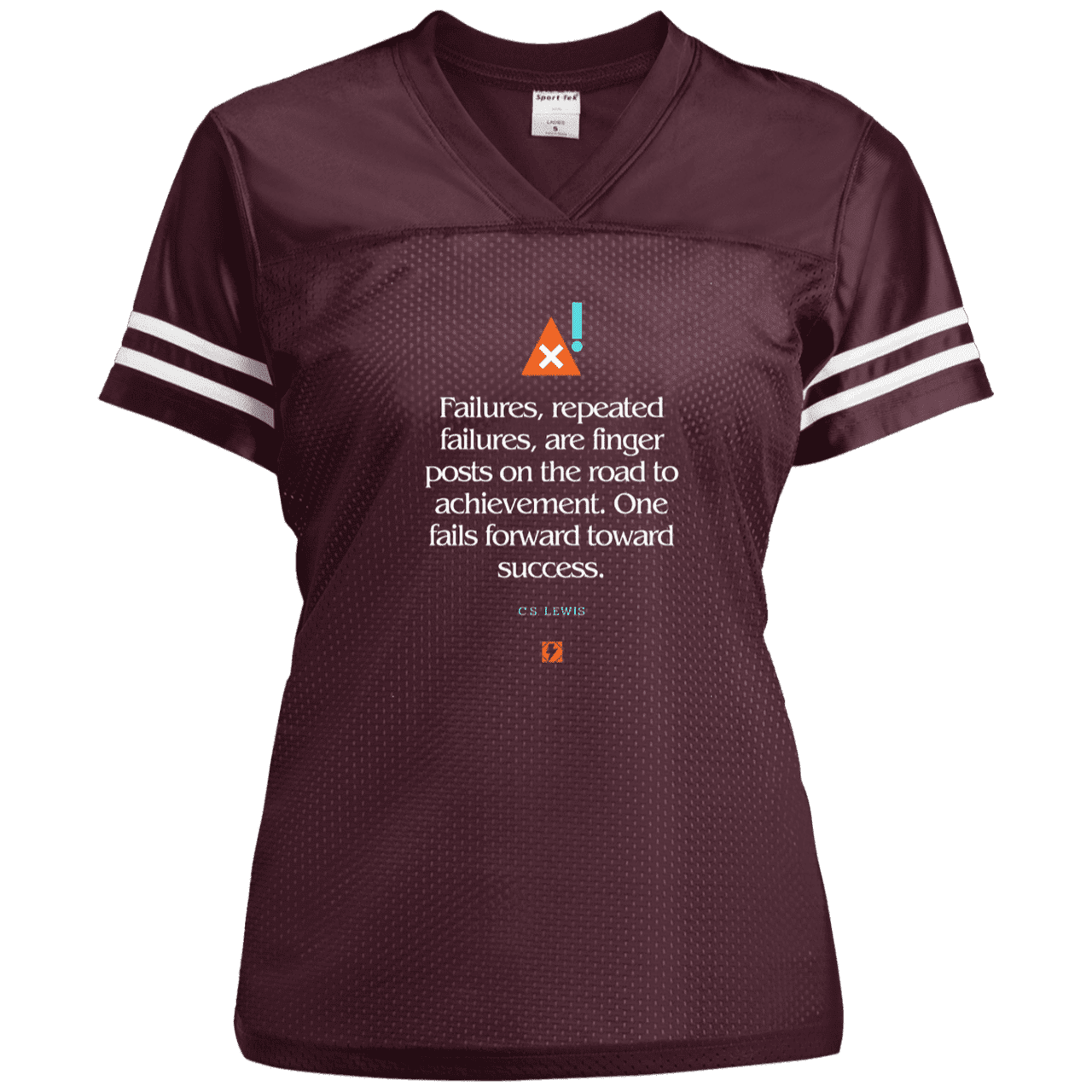 Ladies' Replica Jersey with inspiring CS Lewis quote: CS104 - Failures to Success - Color: Maroon/White