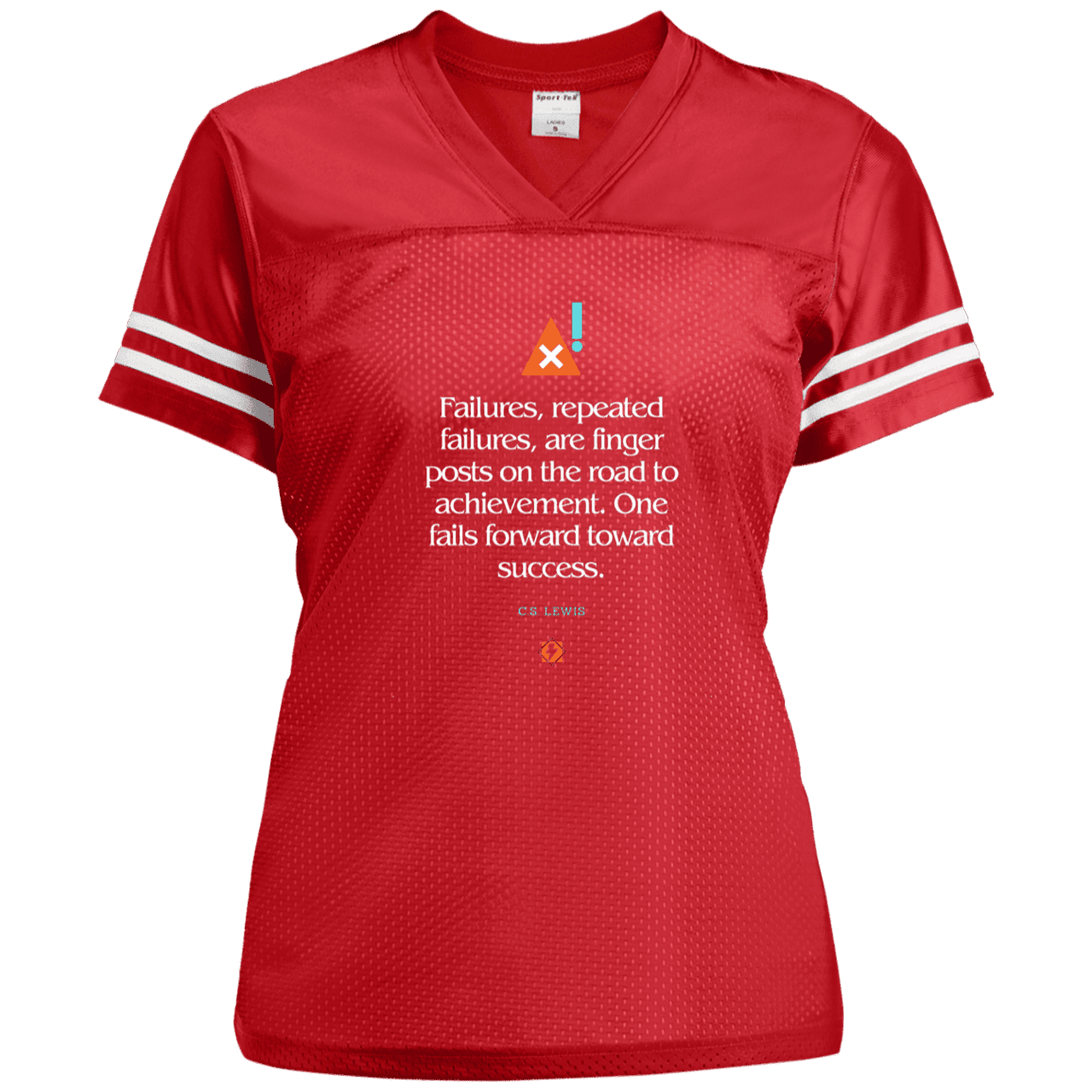 Ladies' Replica Jersey with inspiring CS Lewis quote: CS104 - Failures to Success - Color: True Red/White