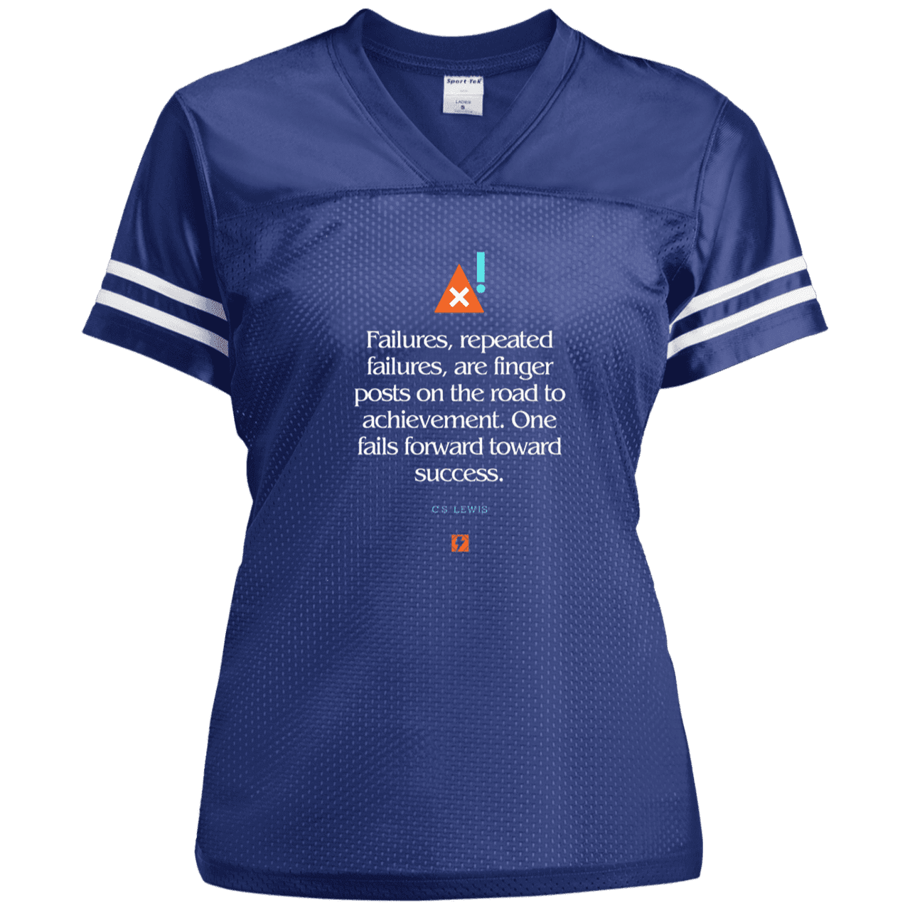 Ladies' Replica Jersey with inspiring CS Lewis quote: CS104 - Failures to Success - Color: True Royal/White