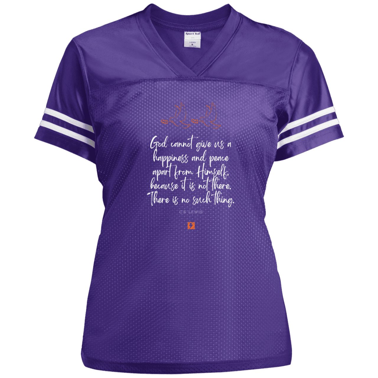 Ladies' Replica Jersey with inspiring CS Lewis quote: CS106 - No peace apart from God - Color: Purple/White