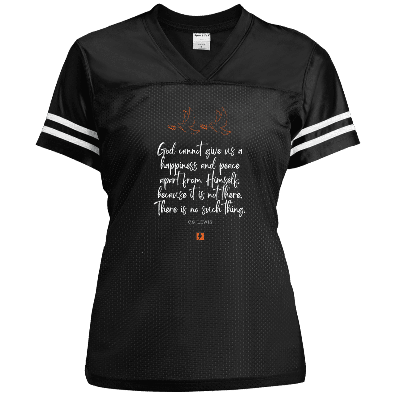 Ladies' Replica Jersey with inspiring CS Lewis quote: CS106 - No peace apart from God - Color: Black/White