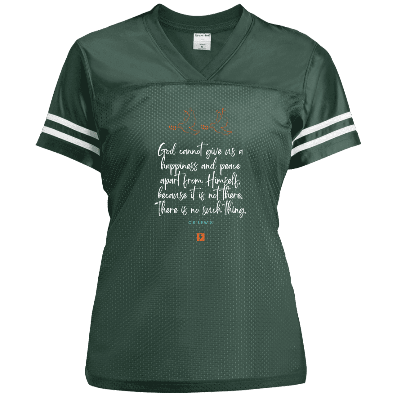 Ladies' Replica Jersey with inspiring CS Lewis quote: CS106 - No peace apart from God - Color: Forest Green/White