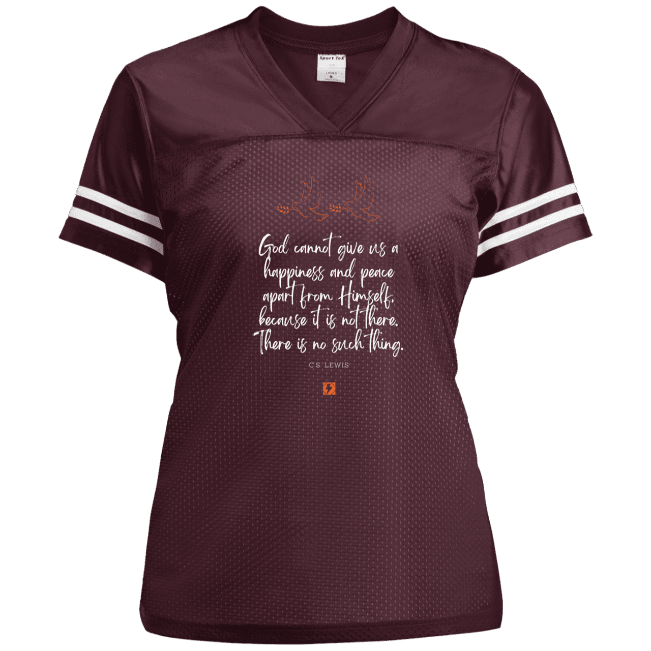 Ladies' Replica Jersey with inspiring CS Lewis quote: CS106 - No peace apart from God - Color: Maroon/White