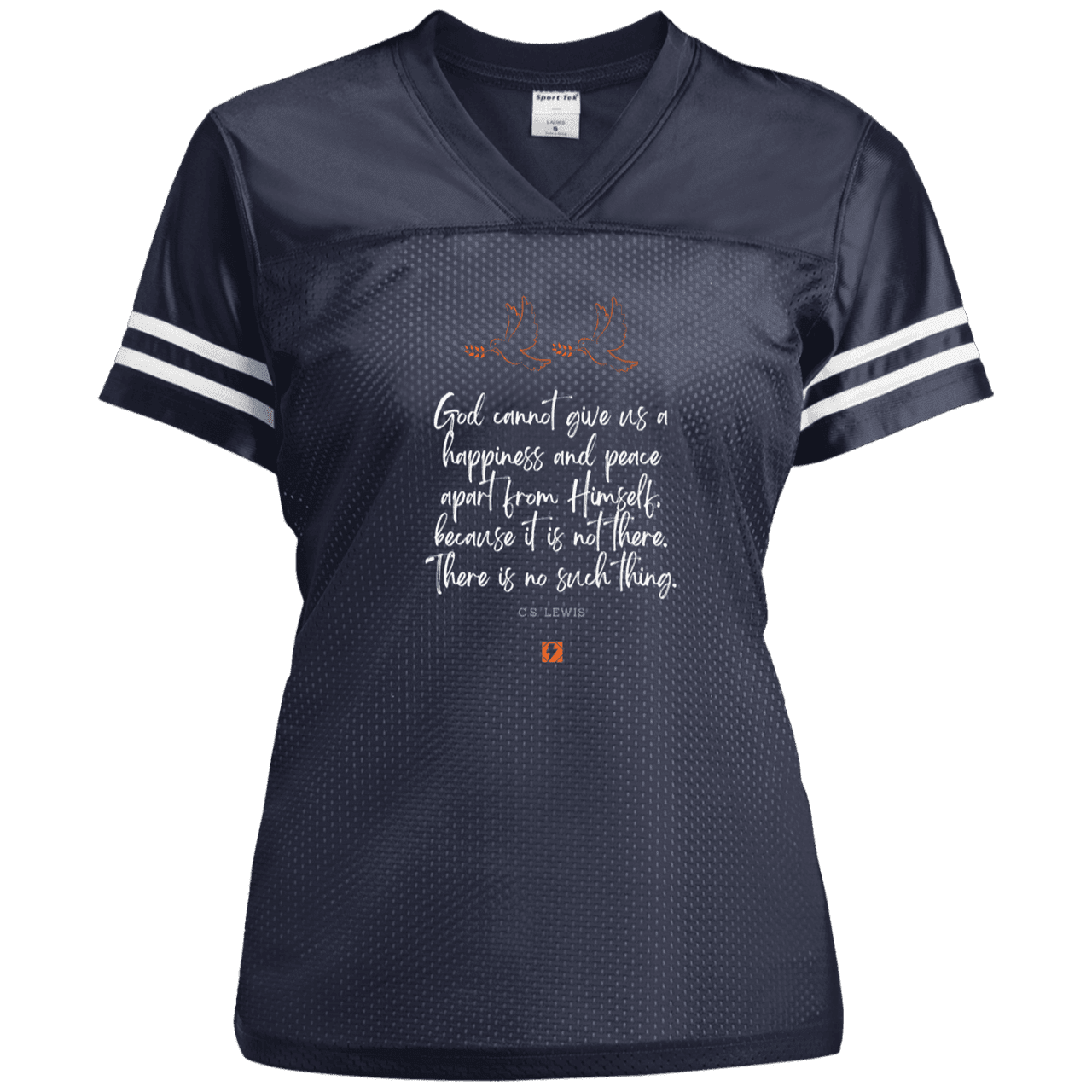 Ladies' Replica Jersey with inspiring CS Lewis quote: CS106 - No peace apart from God - Color: True Navy/White