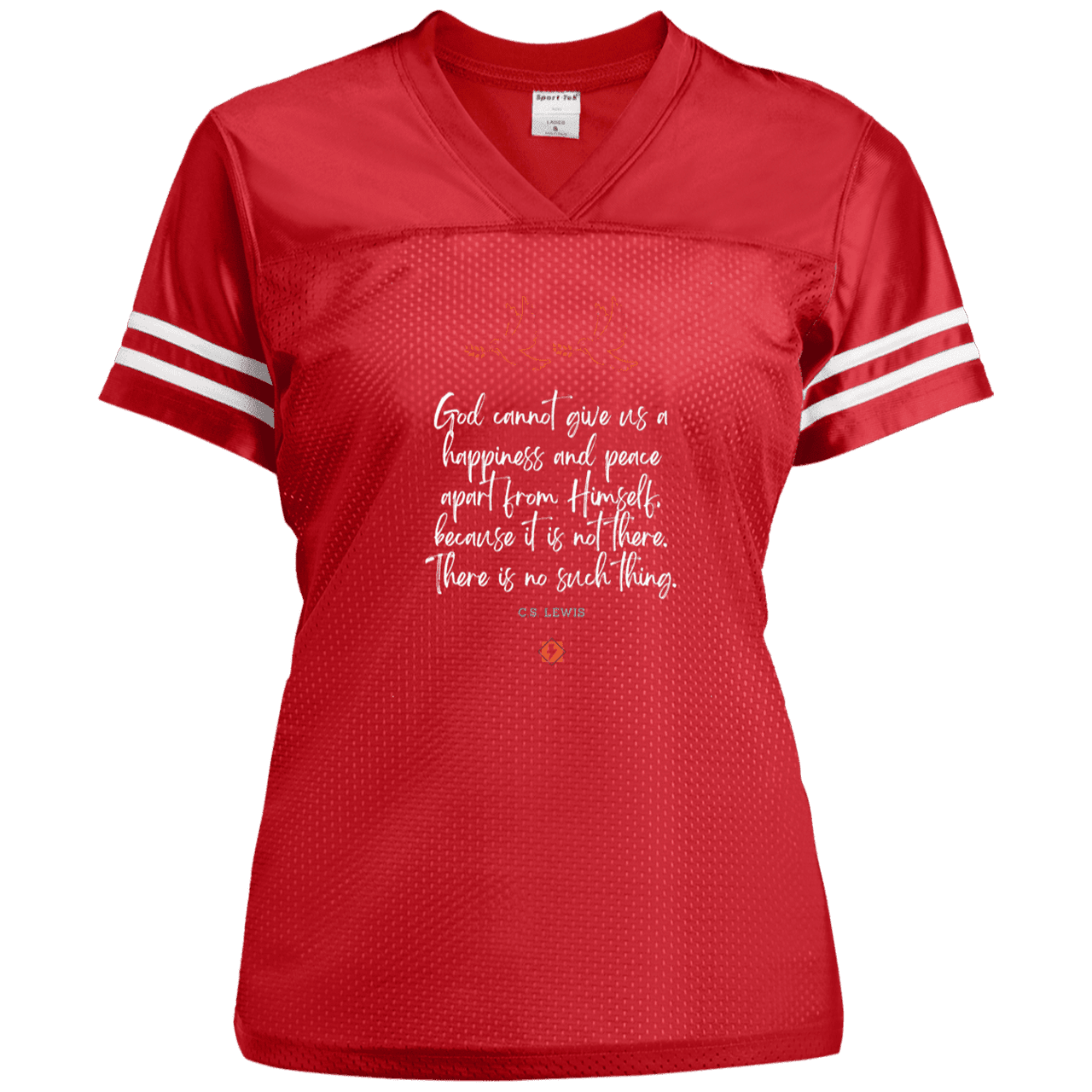 Ladies' Replica Jersey with inspiring CS Lewis quote: CS106 - No peace apart from God - Color: True Red/White