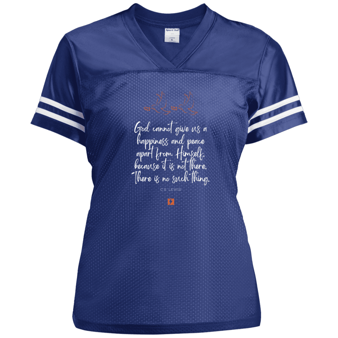 Ladies' Replica Jersey with inspiring CS Lewis quote: CS106 - No peace apart from God - Color: True Royal/White