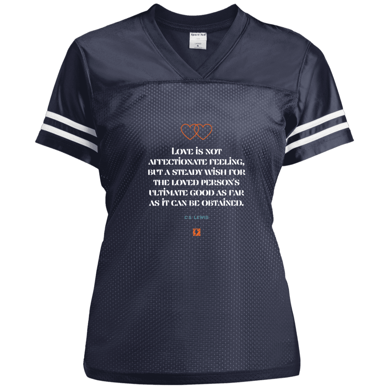 Ladies' Replica Jersey with inspiring CS Lewis quote: CS108 - Love is about the ultimate good - Color: True Navy/White