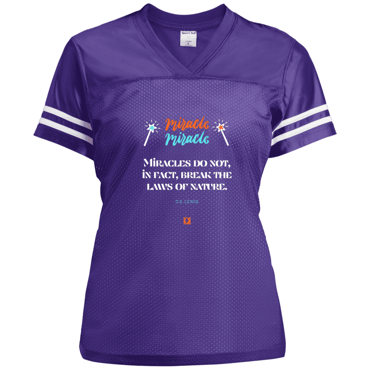 Ladies' Replica Jersey with inspiring CS Lewis quote: CS110 - Miracles do not break natural laws - Color: Purple/White