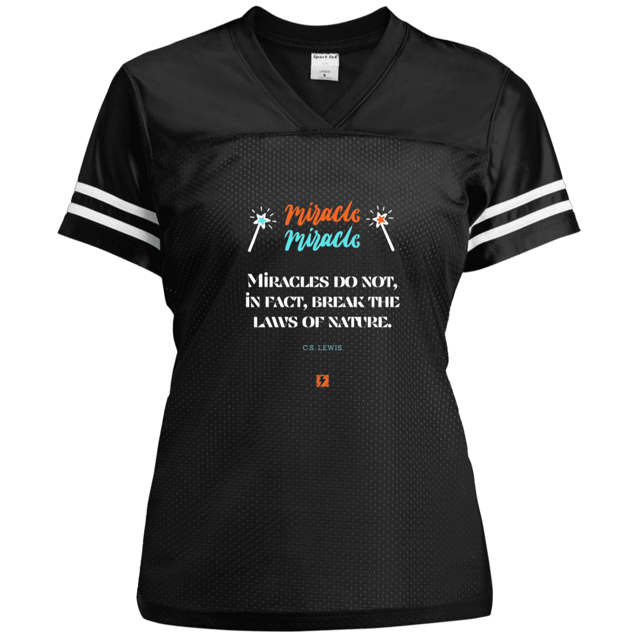 Ladies' Replica Jersey with inspiring CS Lewis quote: CS110 - Miracles do not break natural laws - Color: Black/White