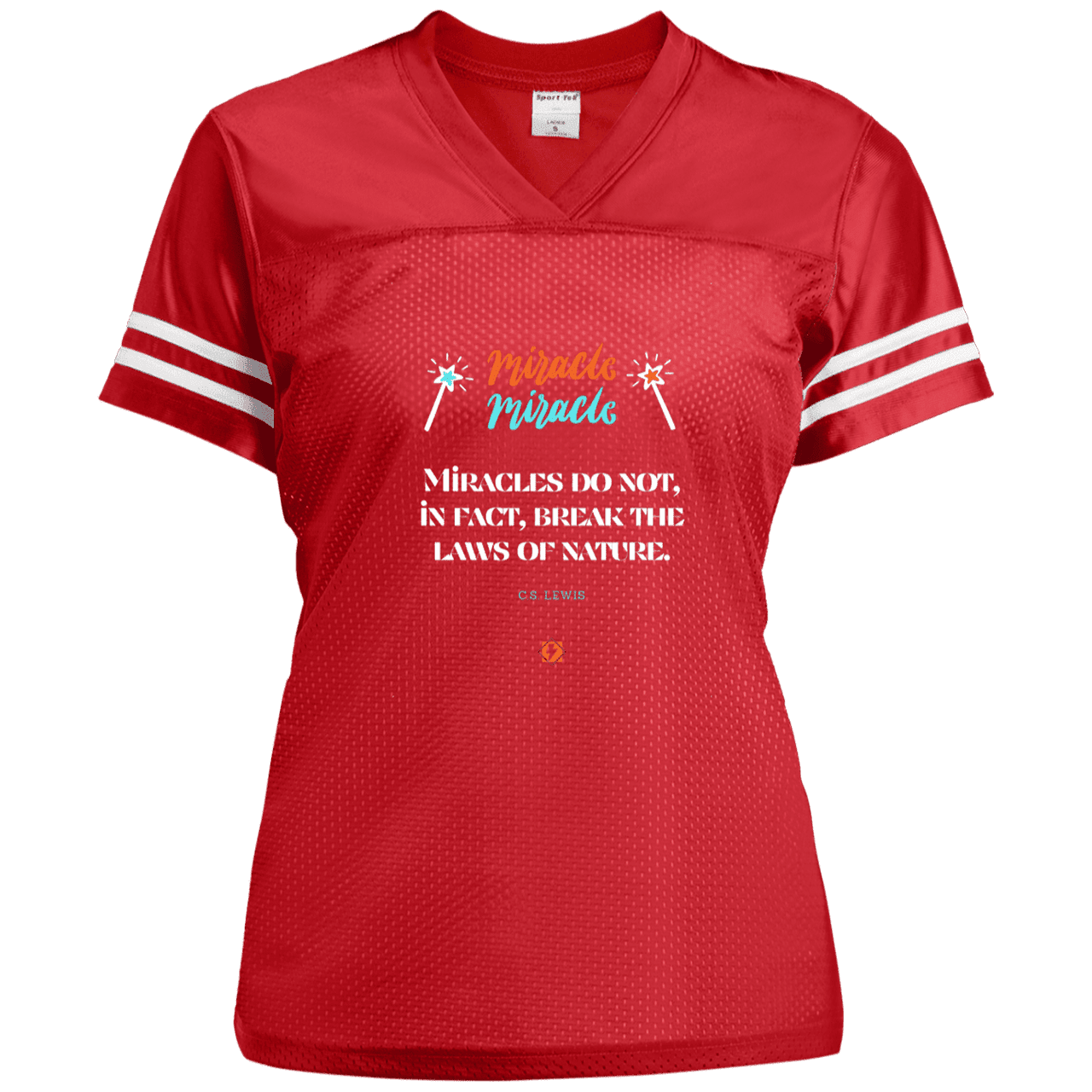 Ladies' Replica Jersey with inspiring CS Lewis quote: CS110 - Miracles do not break natural laws - Color: True Red/White