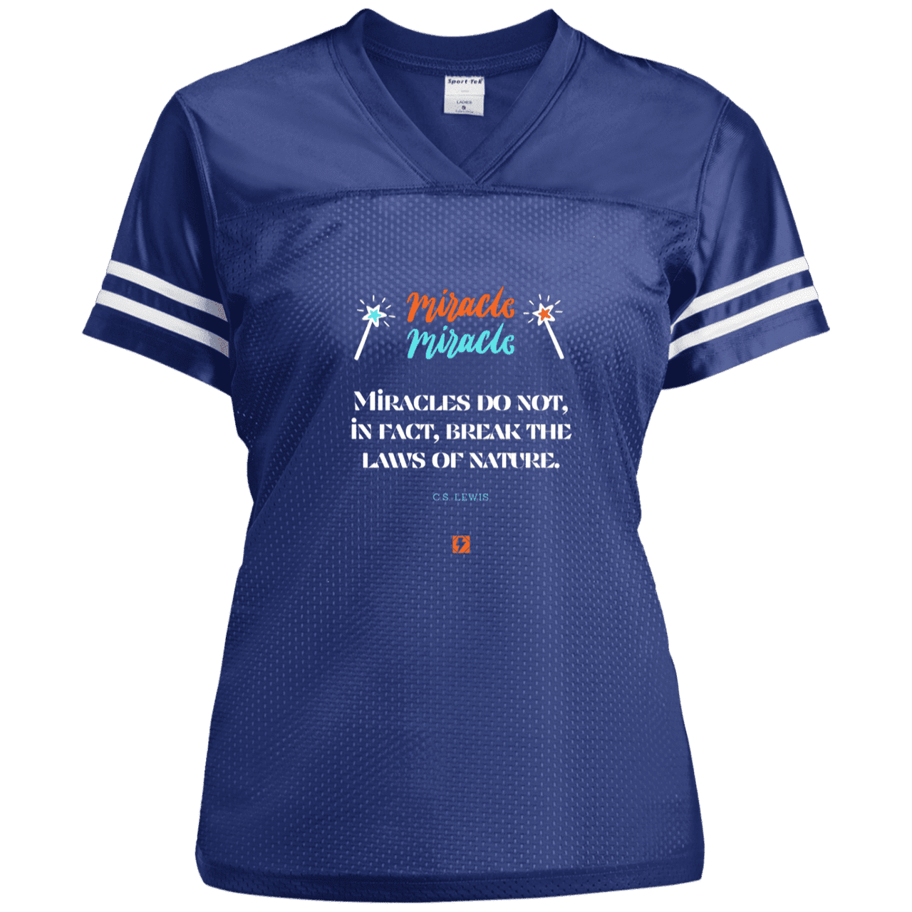 Ladies' Replica Jersey with inspiring CS Lewis quote: CS110 - Miracles do not break natural laws - Color: True Royal/White