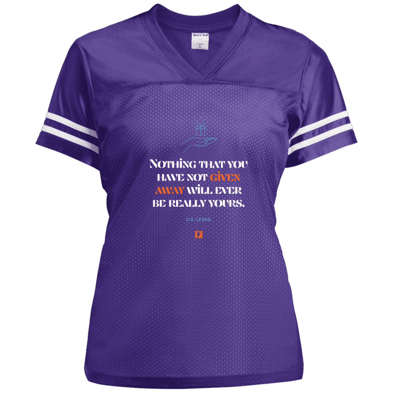 Ladies' Replica Jersey with inspiring CS Lewis quote: CS111 - Give away to possess it - Color: Purple/White