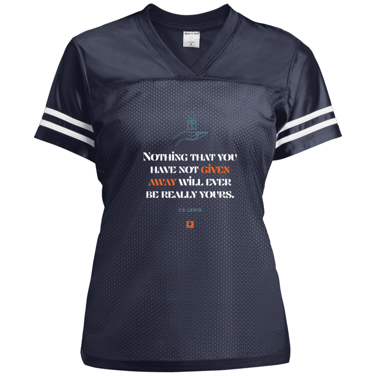 Ladies' Replica Jersey with inspiring CS Lewis quote: CS111 - Give away to possess it - Color: True Navy/White